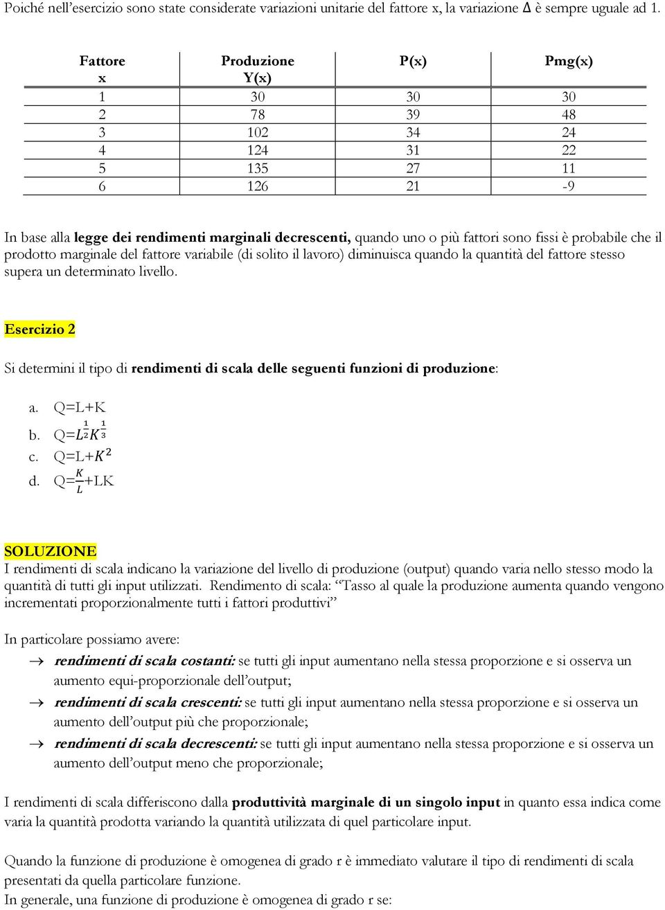 è probabile che il prodotto marginale del fattore variabile (di solito il lavoro) diminuisca quando la quantità del fattore stesso supera un determinato livello.