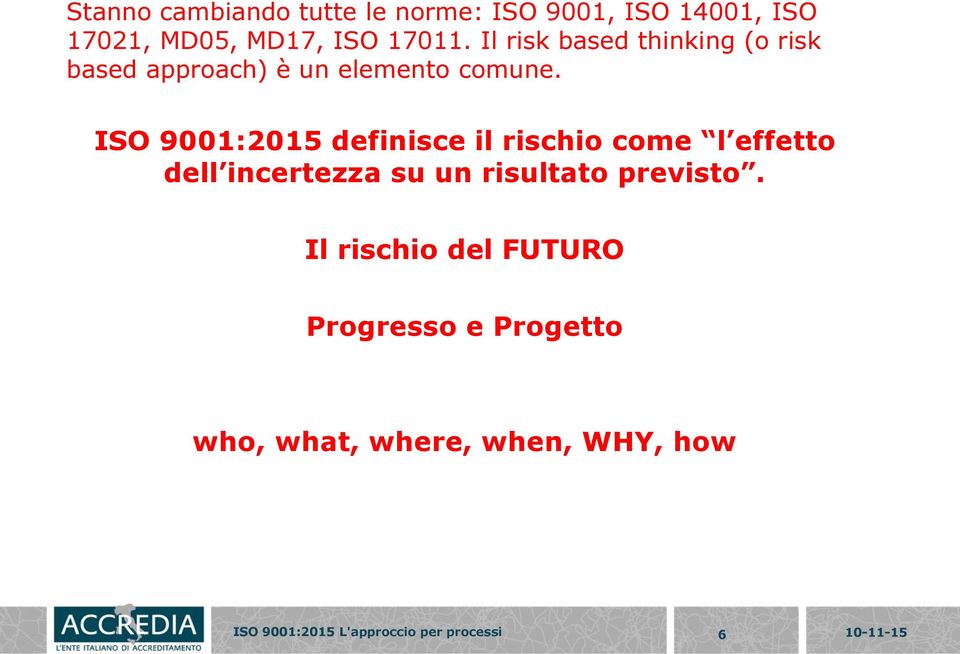 ISO 9001:2015 definisce il rischio come l effetto dell incertezza su un risultato