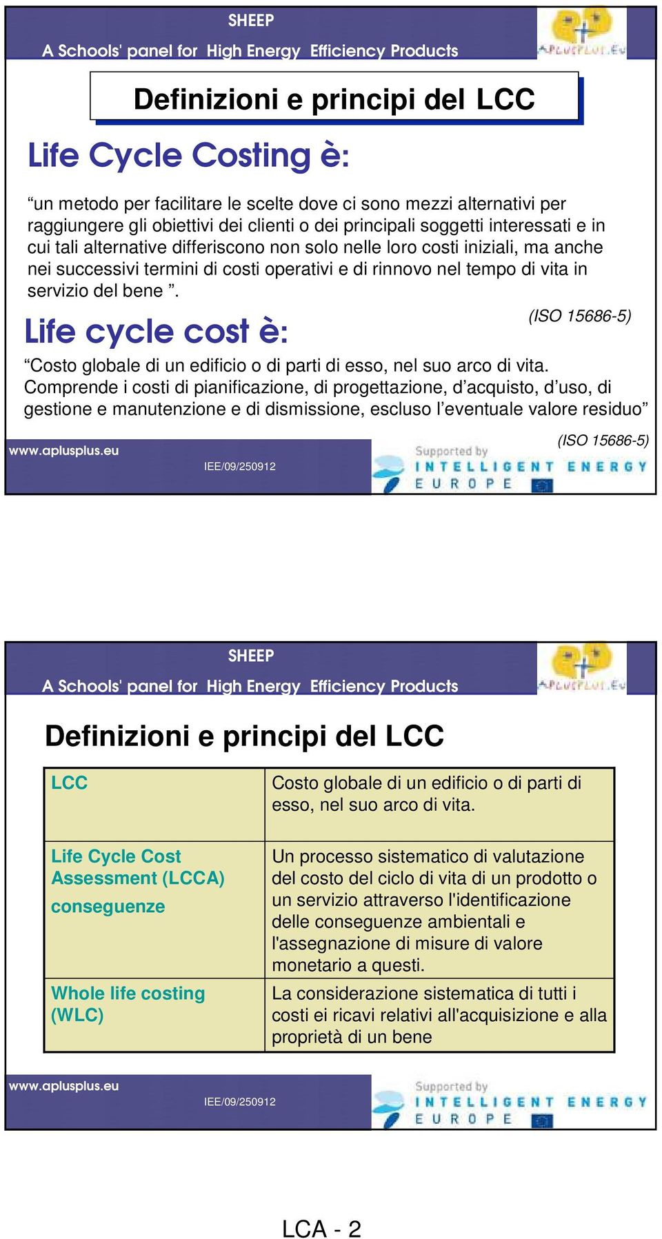 (ISO 15686-5) Life cycle cost è: Costo globale di un edificio o di parti di esso, nel suo arco di vita.