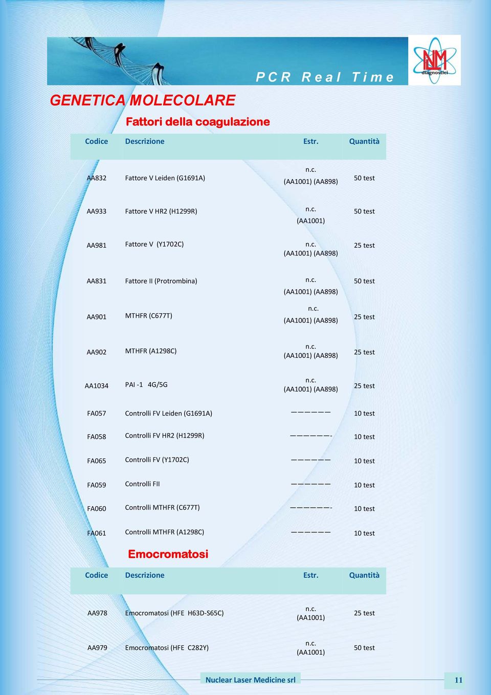 (AA1001)(AA898) 25test FA057 ControlliFVLeiden(G1691A) 10test FA058 ControlliFVHR2(H1299R) 10test FA065 ControlliFV(Y1702C) 10test FA059 ControlliFII 10test FA060 ControlliMTHFR(C677T) 10test FA061