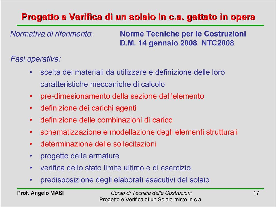 pre-dimesionamento della sezione dell elemento definizione dei carichi agenti definizione delle combinazioni di carico schematizzazione e modellazione