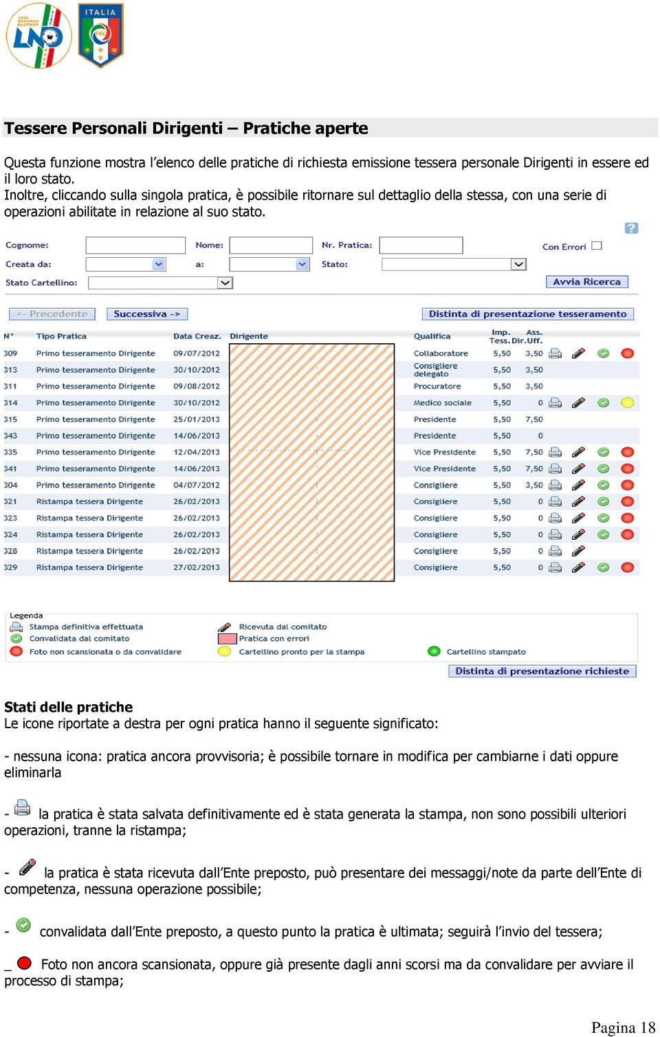 Stati delle pratiche Le icone riportate a destra per ogni pratica hanno il seguente significato: - nessuna icona: pratica ancora provvisoria; è possibile tornare in modifica per cambiarne i dati