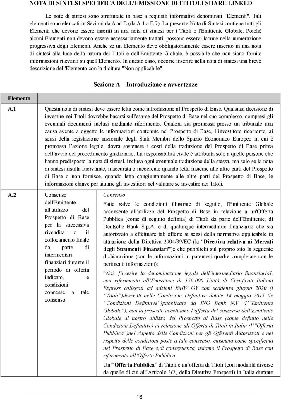 La presente Nota di Sintesi contiene tutti gli Elementi che devono essere inseriti in una nota di sintesi per i Titoli e l'emittente Globale.