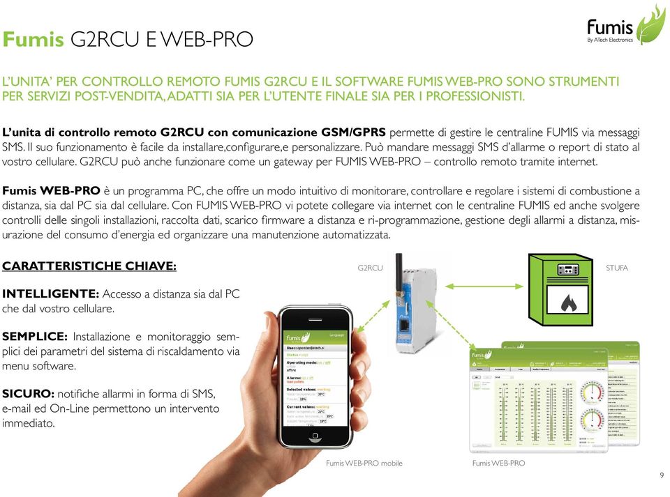 Può mandare messaggi SMS d allarme o report di stato al vostro cellulare. G2RCU può anche funzionare come un gateway per FUMIS WEB-PRO controllo remoto tramite internet.