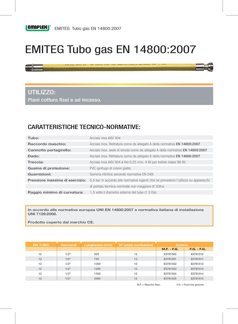 di tenuta come da allegato A della normativa EN 14800:2007 Dado: Acciaio inox, filettatura come da allegato A della normativa EN 14800:2007 Treccia: Guaina di protezione: Acciaio inox AISI 304 ø filo