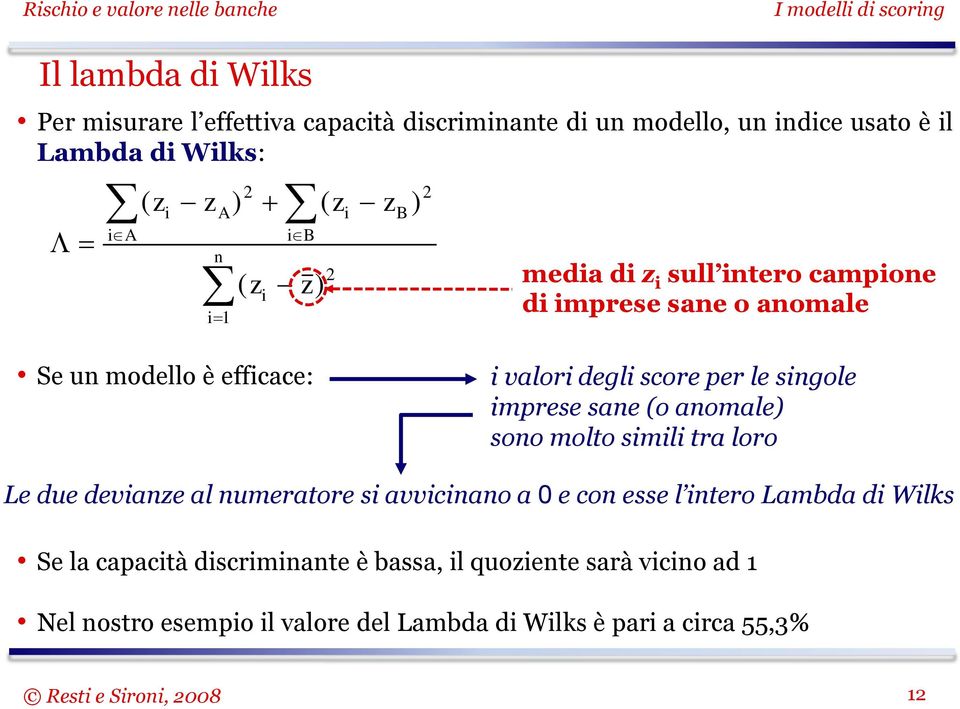 singole imprese sane (o anomale) sono molto simili tra loro Le due devianze al numeratore si avvicinano a 0 e con esse l intero Lambda di