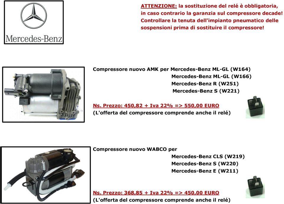 Compressore nuovo AMK per Mercedes-Benz ML-GL (W164) Mercedes-Benz ML-GL (W166) Mercedes-Benz R (W251) Mercedes-Benz S (W221) Ns.