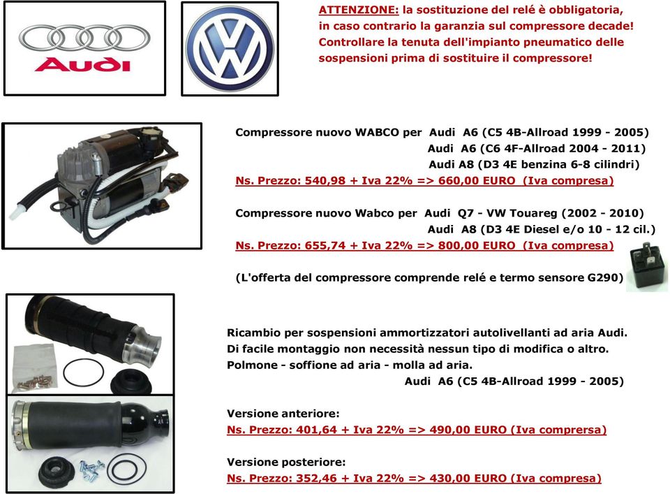 Compressore nuovo WABCO per Audi A6 (C5 4B-Allroad 1999-2005) Audi A6 (C6 4F-Allroad 2004-2011) Audi A8 (D3 4E benzina 6-8 cilindri) Ns.