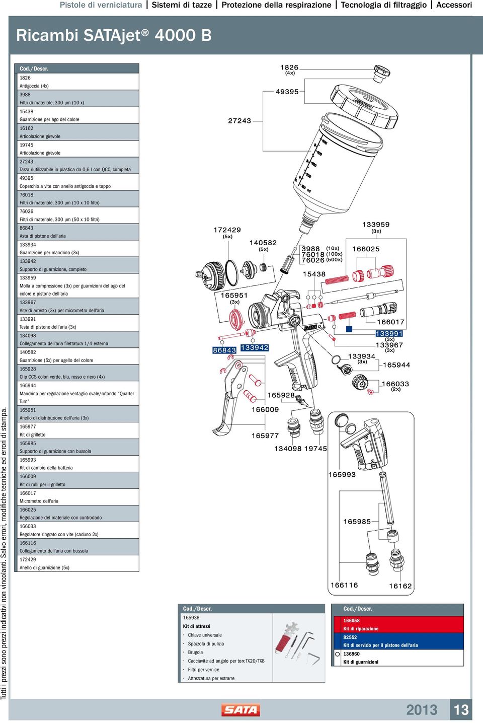 10 filtri) 86843 Asta di pistone dell'aria 133934 Guarnizione per mandrino (3x) 133942 Supporto di guarnizione, completo 133959 Molla a compressione (3x) per guarnizioni del ago del colore e pistone