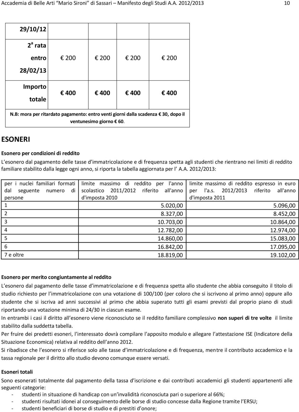 ESONERI Esonero per condizioni di reddito L esonero dal pagamento delle tasse d immatricolazione e di frequenza spetta agli studenti che rientrano nei limiti di reddito familiare stabilito dalla