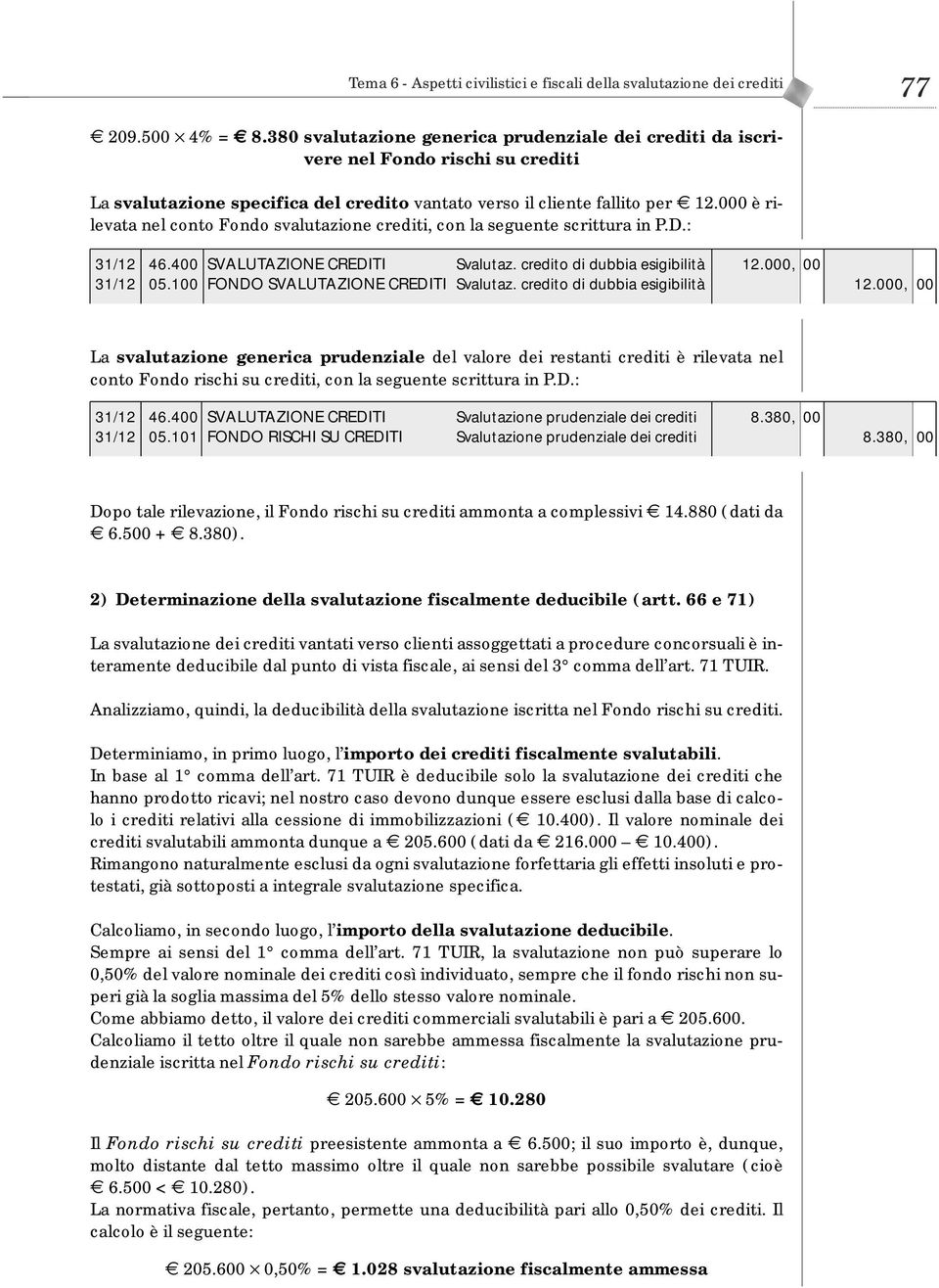 000 è rilevata nel conto Fondo svalutazione crediti, con la seguente scrittura in P.D.: 31/12 46.400 SVALUTAZIONE CREDITI Svalutaz. credito di dubbia esigibilità 12.000, 00 31/12 05.