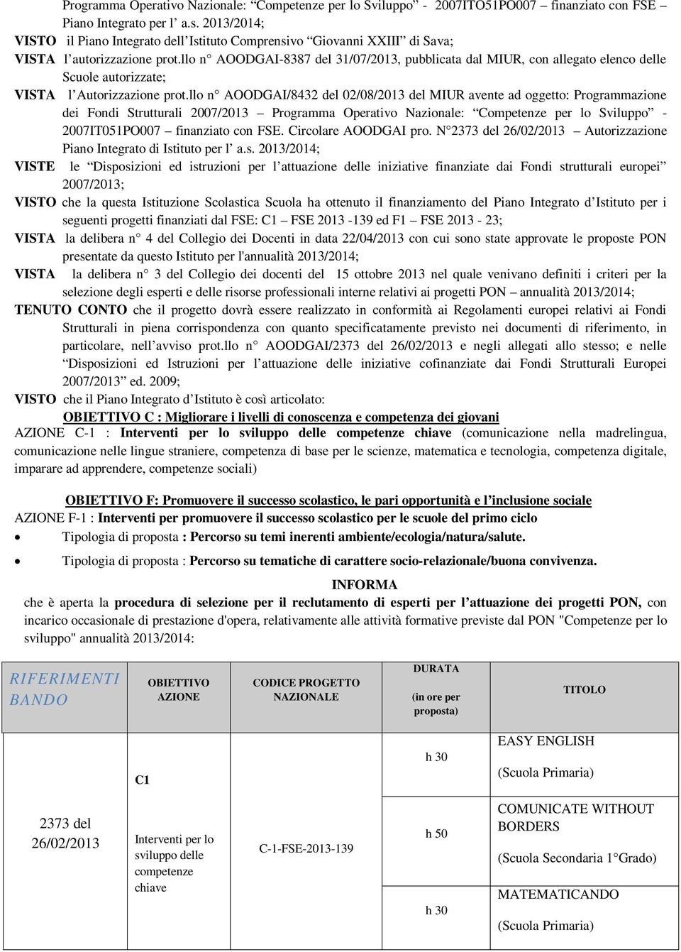 llo n AOODGAI-8387 del 31/07/2013, pubblicata dal MIUR, con allegato elenco delle Scuole autorizzate; VISTA l Autorizzazione prot.