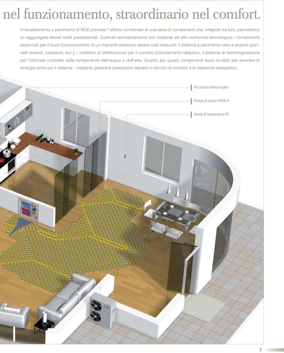 Costruiti esclusivamente con materiali ad alto contenuto tecnologico, i componenti essenziali per il buon funzionamento di un impianto possono essere così riassunti: il sistema a pavimento vero e