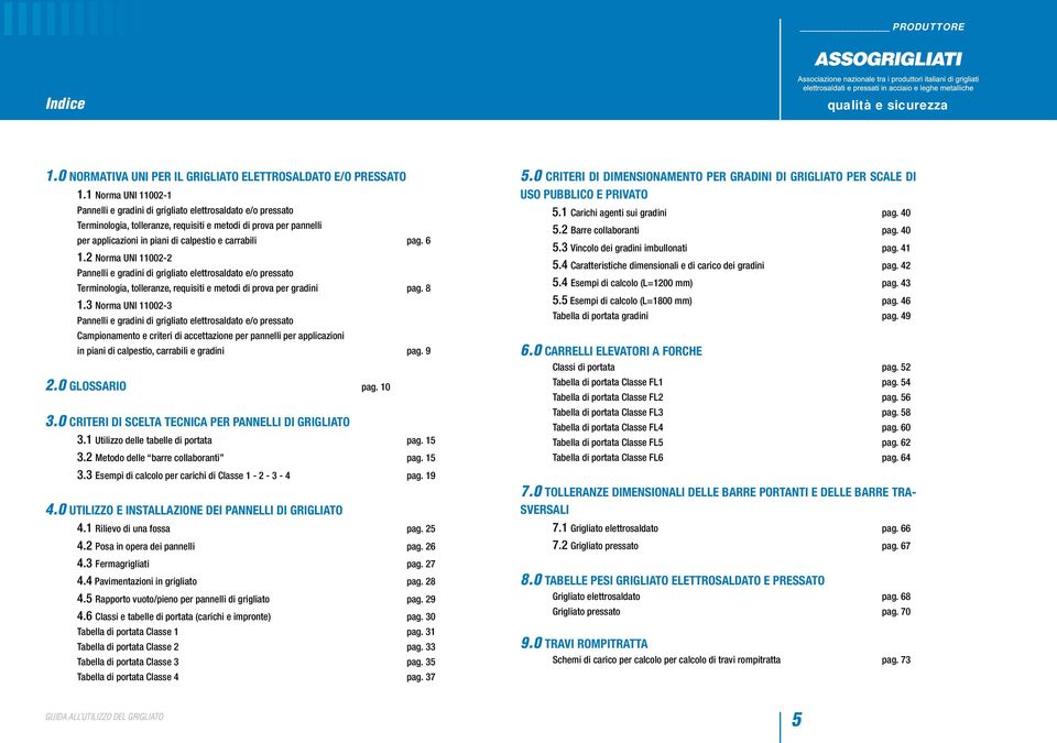 pag. 6 1.2 Norma UNI 11002-2 Pannelli e gradini di grigliato elettrosaldato e/o pressato Terminologia, tolleranze, requisiti e metodi di prova per gradini pag. 8 1.