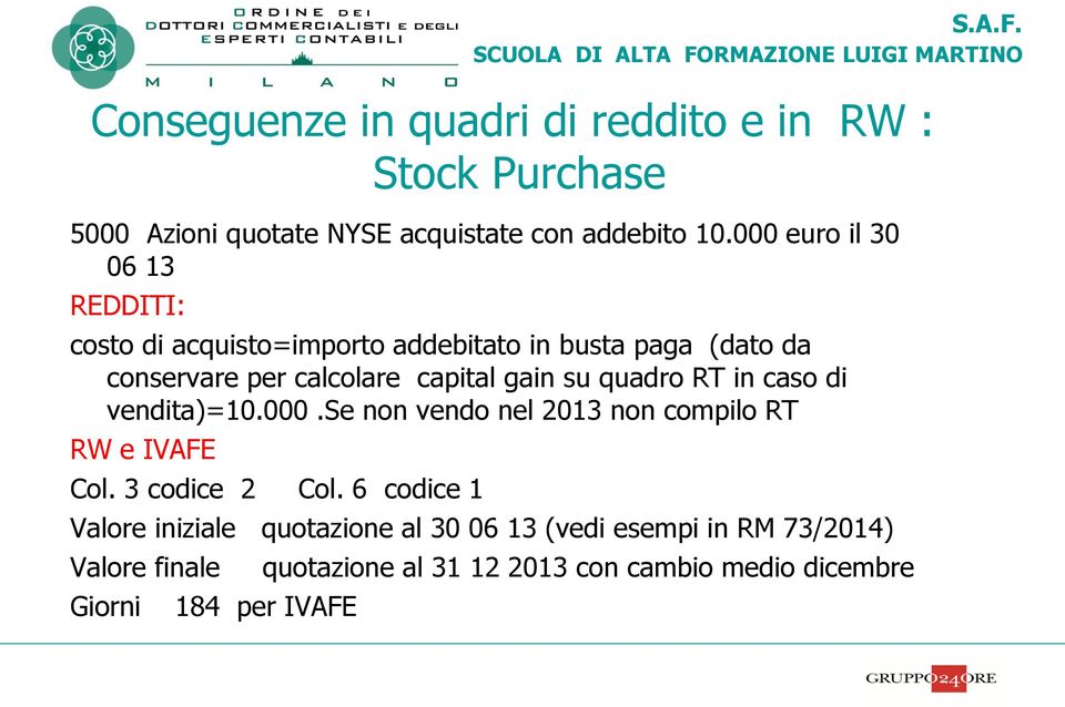 su quadro RT in caso di vendita)=10.000.se non vendo nel 2013 non compilo RT RW e IVAFE Col. 3 codice 2 Col.
