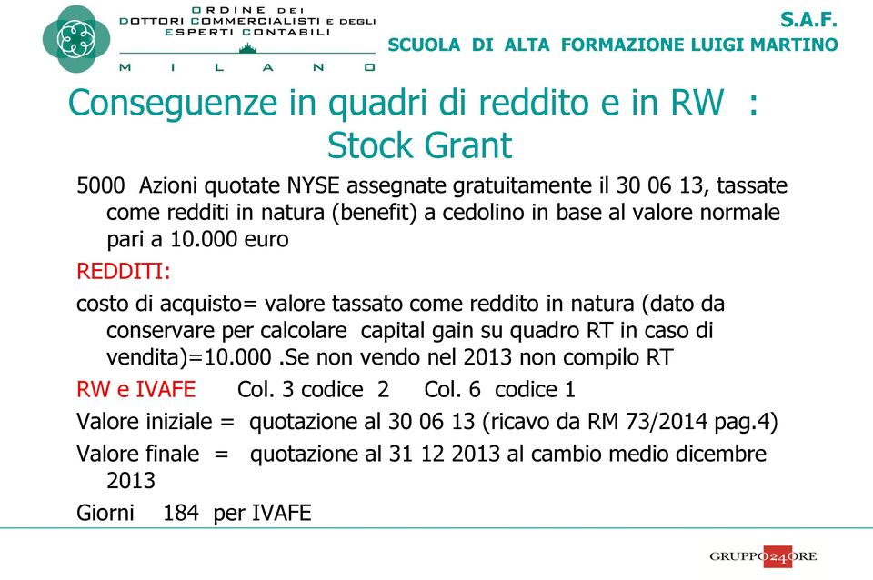 000 euro REDDITI: costo di acquisto= valore tassato come reddito in natura (dato da conservare per calcolare capital gain su quadro RT in caso di