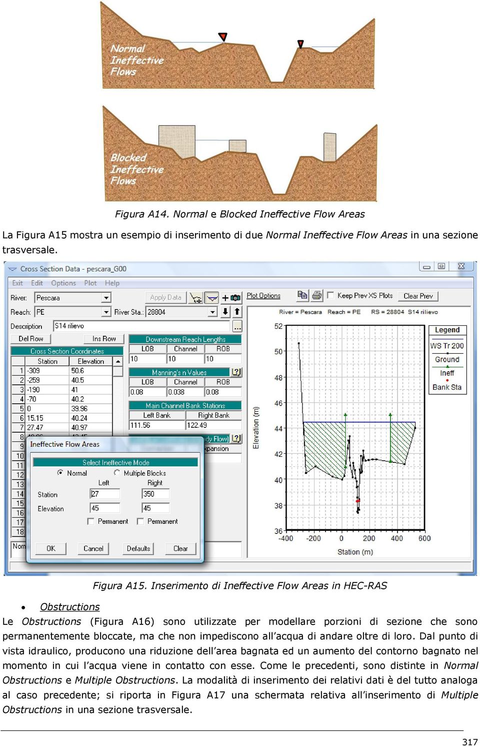 Inserimento di Ineffective Flow Areas in HEC-RAS Obstructions Le Obstructions (Figura A16) sono utilizzate per modellare porzioni di sezione che sono permanentemente bloccate, ma che non impediscono