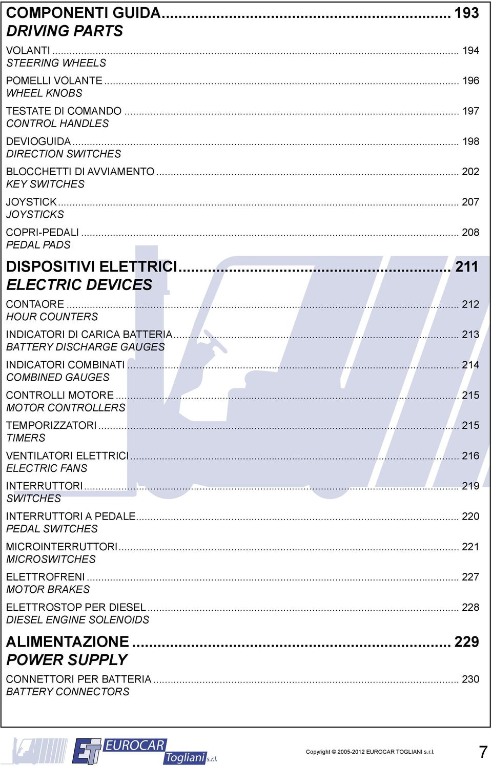 .. 212 HOUR COUNTERS INDICATORI DI CARICA BATTERIA... 213 BATTERY DISCHARGE GAUGES INDICATORI COMBINATI... 214 COMBINED GAUGES CONTROLLI MOTORE... 215 MOTOR CONTROLLERS TEMPORIZZATORI.