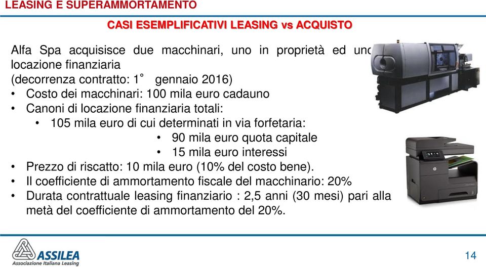via forfetaria: 90 mila euro quota capitale 15 mila euro interessi Prezzo di riscatto: 10 mila euro (10% del costo bene).