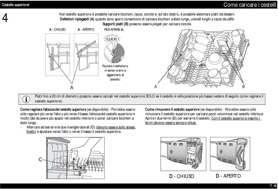 A - CHIUSO A - APERTO A - CLOSED A - OPEN PER TO APRIRE OPEN A: A: Come caricare i cestelli CLICK!