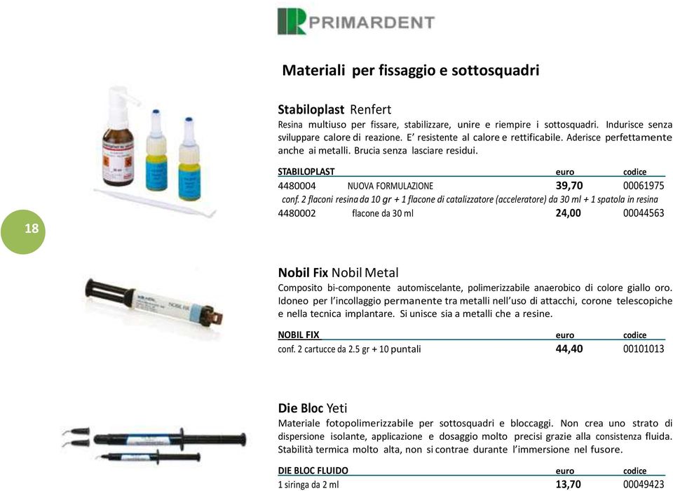 2 flaconi resina da 10 gr + 1 flacone di catalizzatore (acceleratore) da 30 ml + 1 spatola in resina 4480002 flacone da 30 ml 24,00 00044563 Nobil Fix Nobil Metal Composito bi-componente