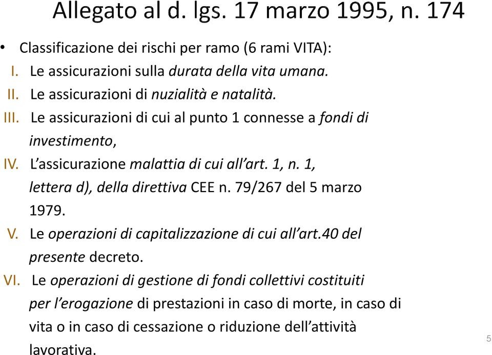 1, lettera d), della direttiva CEE n. 79/267 del 5 marzo 1979. V. Le operazioni di capitalizzazione di cui all art.40 del presente decreto. VI.