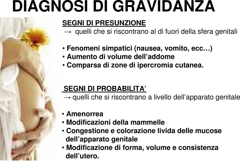 SEGNI DI PROBABILITA quelli che si riscontrano a livello dell apparato genitale Amenorrea Modificazioni della