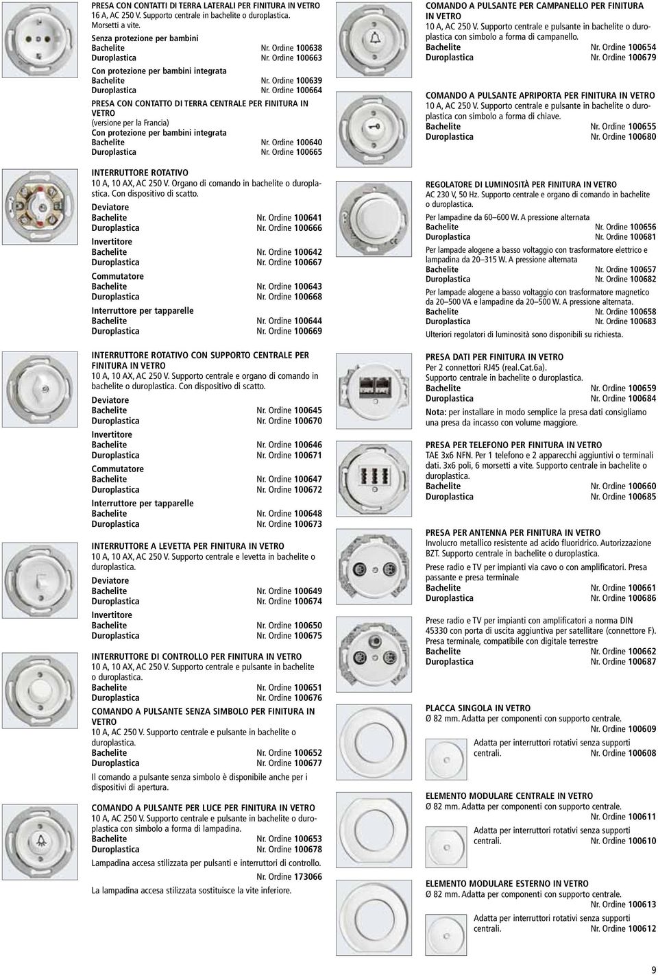 Ordine 100664 PRESA CON CONTATTO DI TERRA CENTRALE PER FINITURA IN VETRO (versione per la Francia) Con protezione per bambini integrata Bachelite Nr. Ordine 100640 Duroplastica Nr.