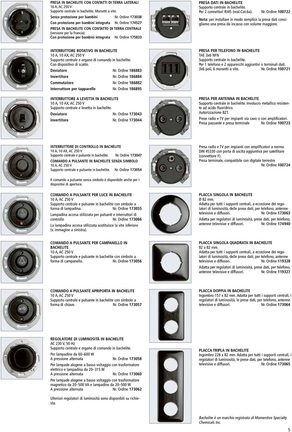 Ordine 175833 PRESA DATI IN BACHELITE Supporto centrale in bachelite. Per 2 connettori RJ45 (real.cat.6a). Nr.