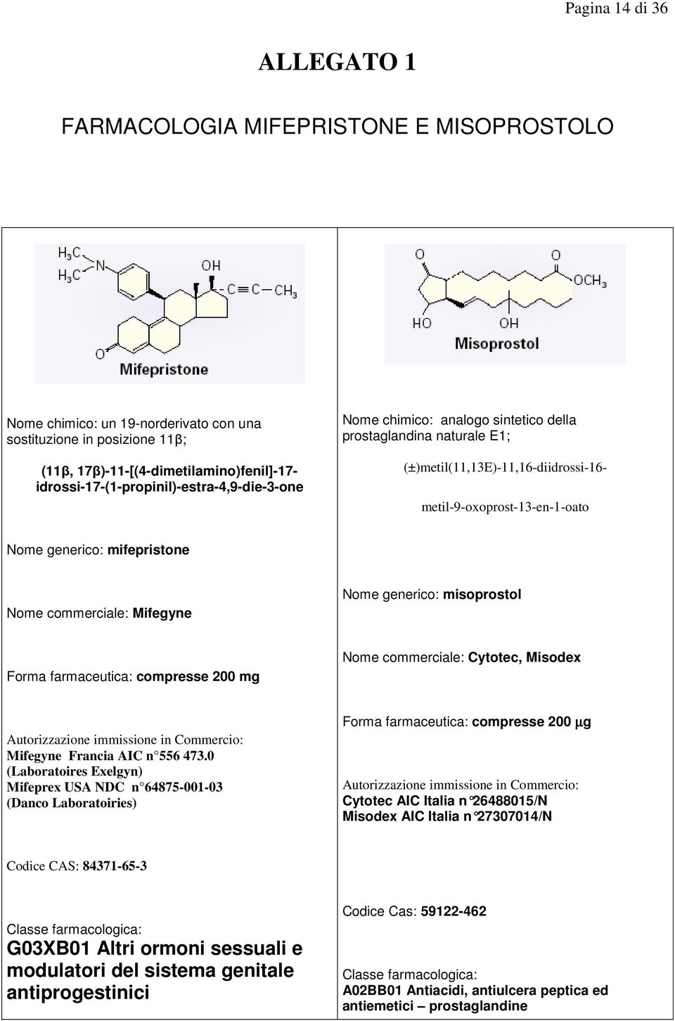 mifepristone Nome commerciale: Mifegyne Nome generico: misoprostol Forma farmaceutica: compresse 200 mg Nome commerciale: Cytotec, Misodex Autorizzazione immissione in Commercio: Mifegyne Francia AIC