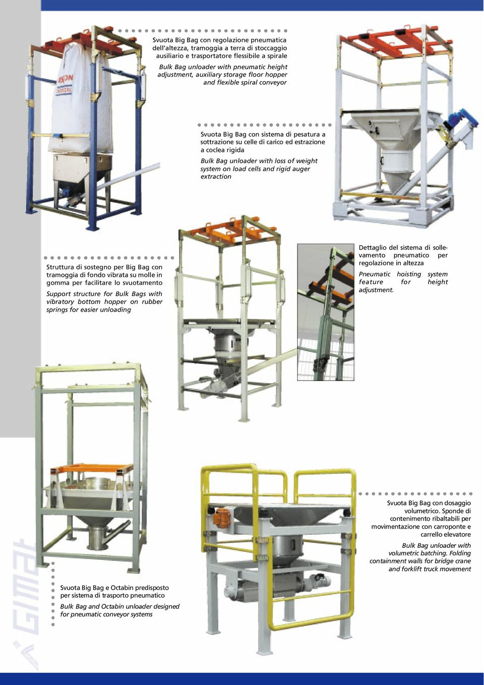 load cells and rigid auger extraction Struttura di sostegno per Big Bag con tramoggia di fondo vibrata su molle in gomma per facilitare lo svuotamento Support structure for Bulk Bags with vibratory