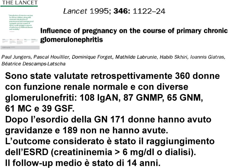 Dopo l esordio della GN 171 donne hanno avuto gravidanze e 189 non ne hanno avute.