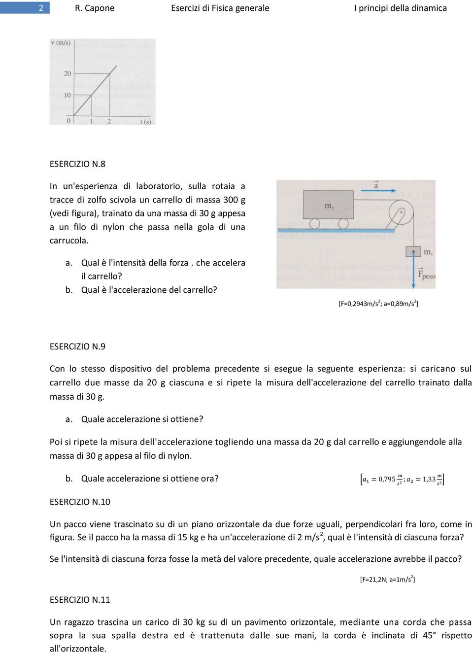 carrucola. a. Qual è l'intensità della forza. che accelera il carrello? b. Qual è l'accelerazione del carrello? [F=0,2943m/s 2 ; a=0,89m/s 2 ] ESERCIZIO N.