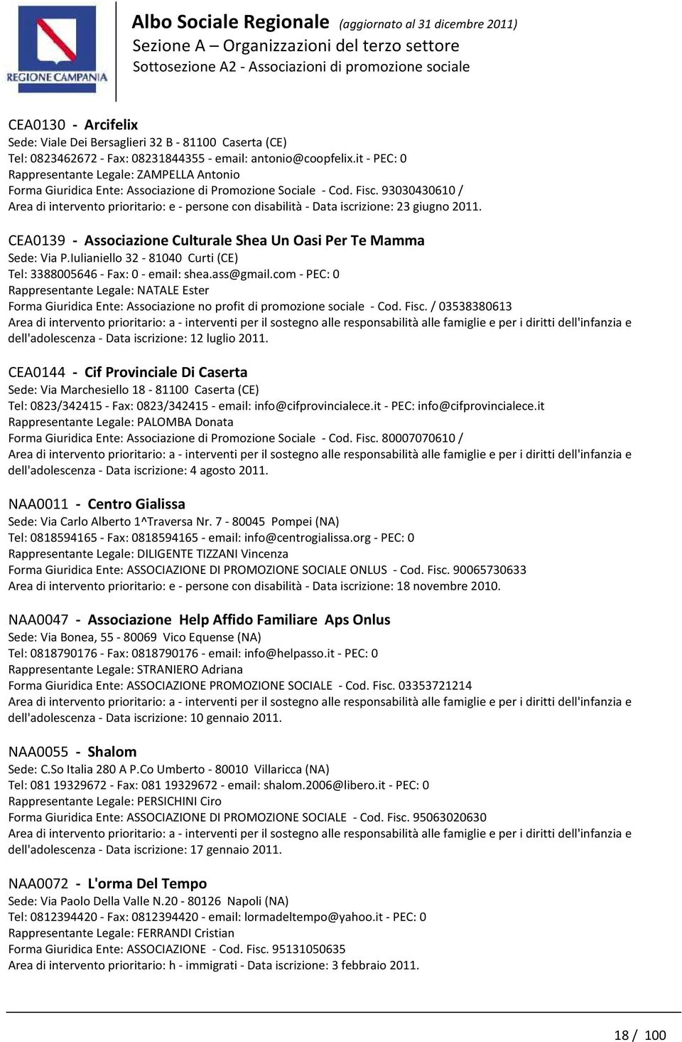 93030430610 / Area di intervento prioritario: e - persone con disabilità - Data iscrizione: 23 giugno 2011. CEA0139 - Associazione Culturale Shea Un Oasi Per Te Mamma Sede: Via P.