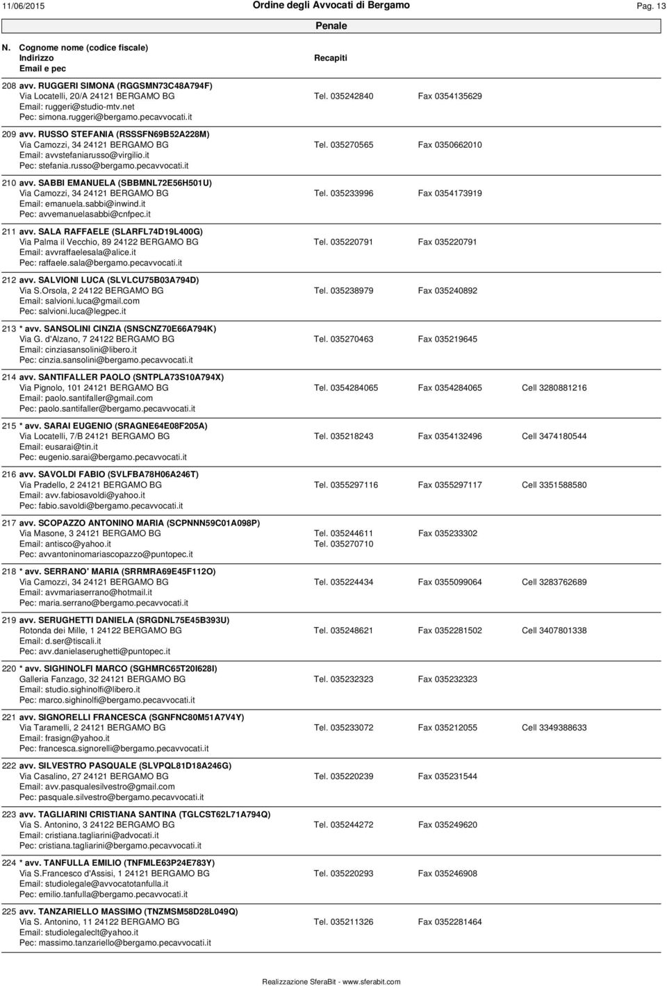 SABBI EMANUELA (SBBMNL72E56H501U) Via Camozzi, 34 24121 BERGAMO BG Tel. 035233996 Fax 0354173919 Email: emanuela.sabbi@inwind.it Pec: avvemanuelasabbi@cnfpec.it 211 avv.