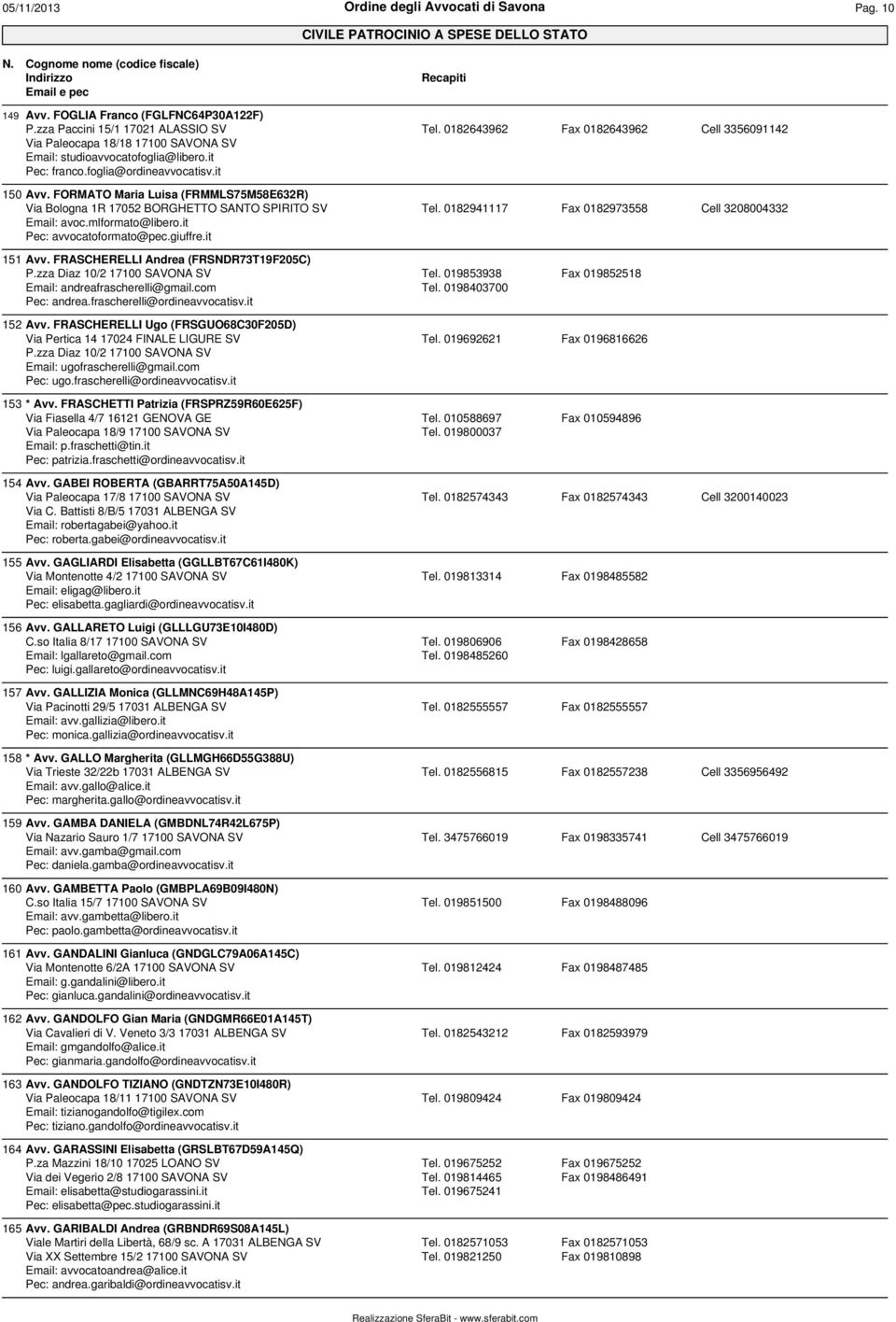 0182941117 Fax 0182973558 Cell 3208004332 Email: avoc.mlformato@libero.it Pec: avvocatoformato@pec.giuffre.it 151 Avv. FRASCHERELLI Andrea (FRSNDR73T19F205C) P.zza Diaz 10/2 17100 SAVONA SV Tel.