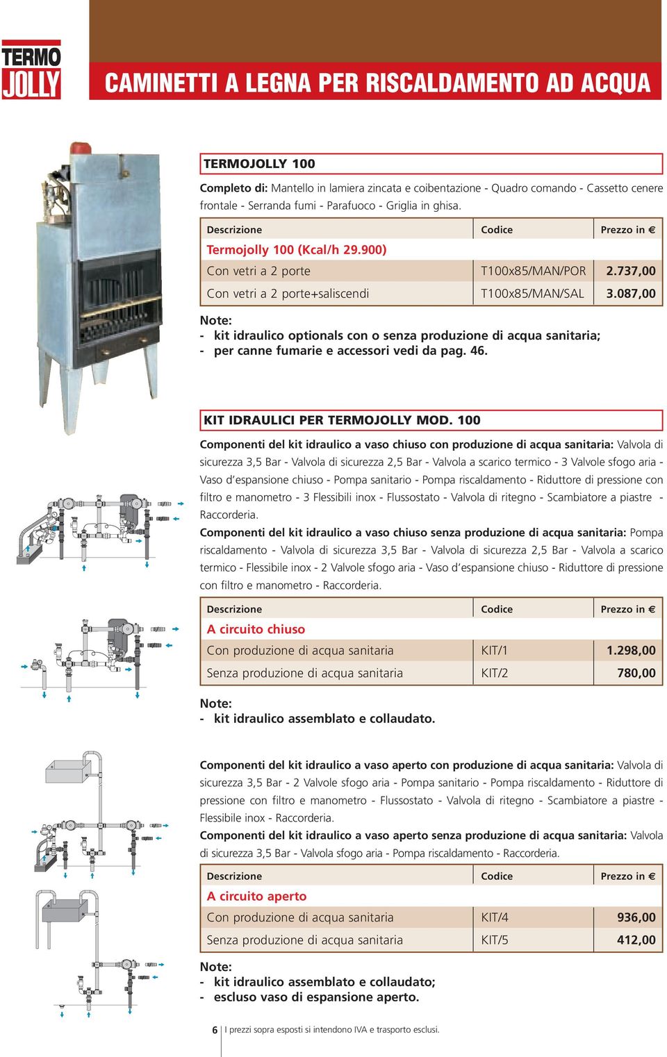 087,00 - kit idraulico optionals con o senza produzione di acqua sanitaria; - per canne fumarie e accessori vedi da pag. 46. KIT IDRAULICI PER TERMOJOLLY MOD.