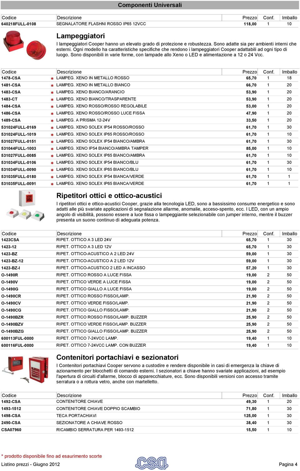 Sono disponibili in varie forme, con lampade allo Xeno o LED e alimentazione a 12 o 24 Vcc. 1478-CSA LAMPEG. XENO IN METALLO ROSSO 65,70 1 18 1481-CSA LAMPEG.