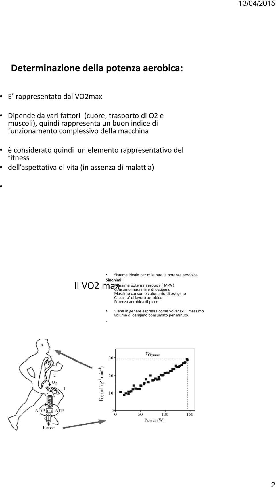 malattia) Il VO2 max Sistema ideale per misurare la potenza aerobica Sinonimi: Massima potenza aerobica ( MPA ) Consumo massimale di ossigeno Massimo consumo