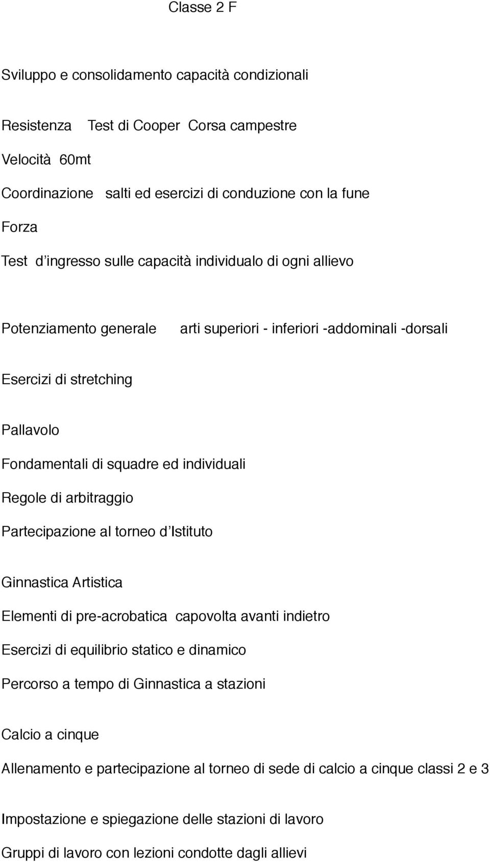 Ginnastica Artistica arti superiori - inferiori -addominali -dorsali Elementi di pre-acrobatica capovolta avanti indietro Esercizi di equilibrio statico e dinamico Percorso a tempo di Ginnastica a