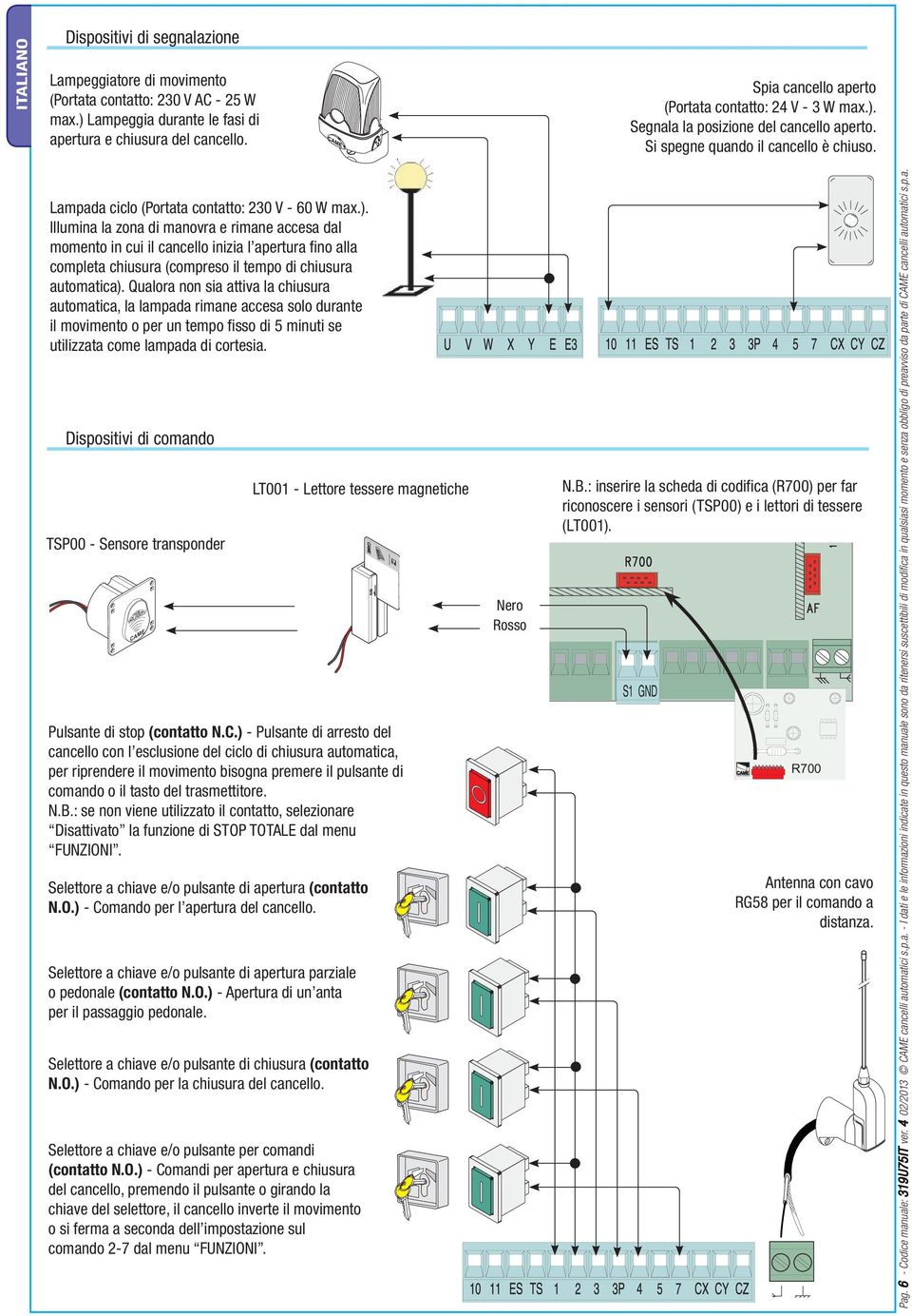 Segnala la posizione del cancello aperto. Si spegne quando il cancello è chiuso. Lampada ciclo (Portata contatto: 230 V - 60 W max.).