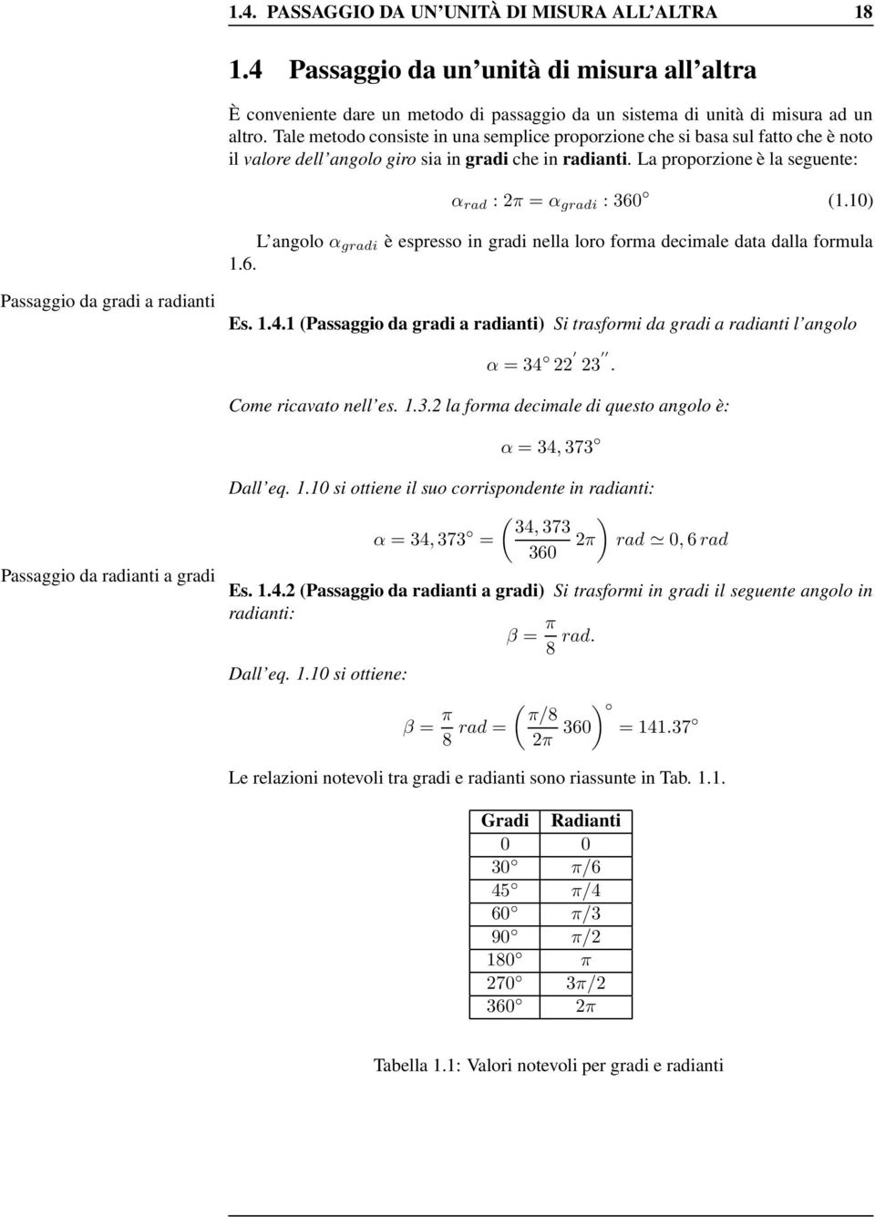 10) L angolo α gradi è espresso in gradi nella loro forma decimale data dalla formula 1.6. Passaggio da gradi a radianti Es. 1.4.