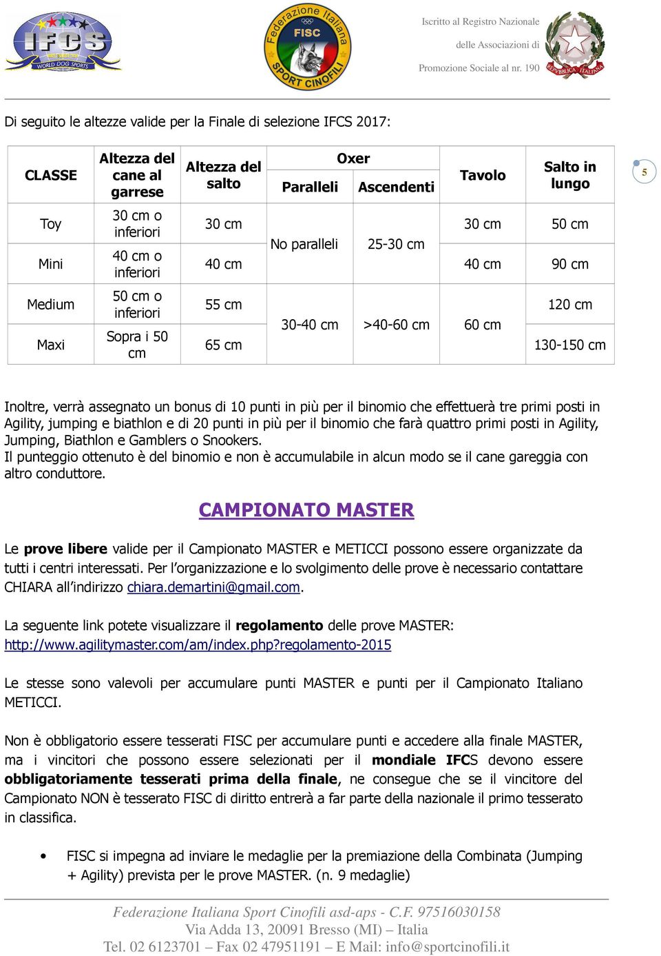 un bonus di 10 punti in più per il binomio che effettuerà tre primi posti in Agility, jumping e biathlon e di 20 punti in più per il binomio che farà quattro primi posti in Agility, Jumping, Biathlon