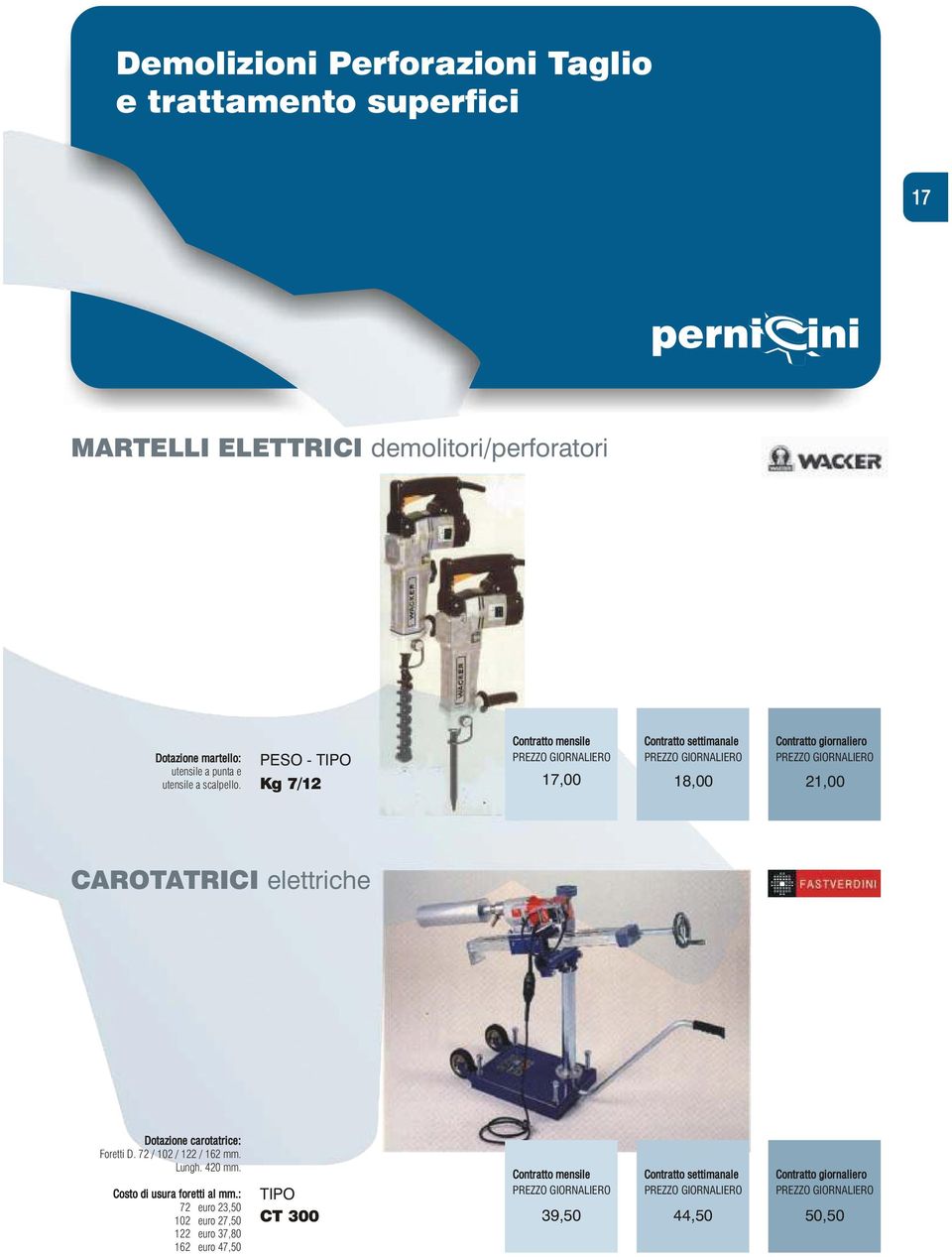 PESO - TIPO Kg 7/12 17,00 18,00 21,00 CAROTATRICI elettriche Dotazione carotatrice: Foretti D.