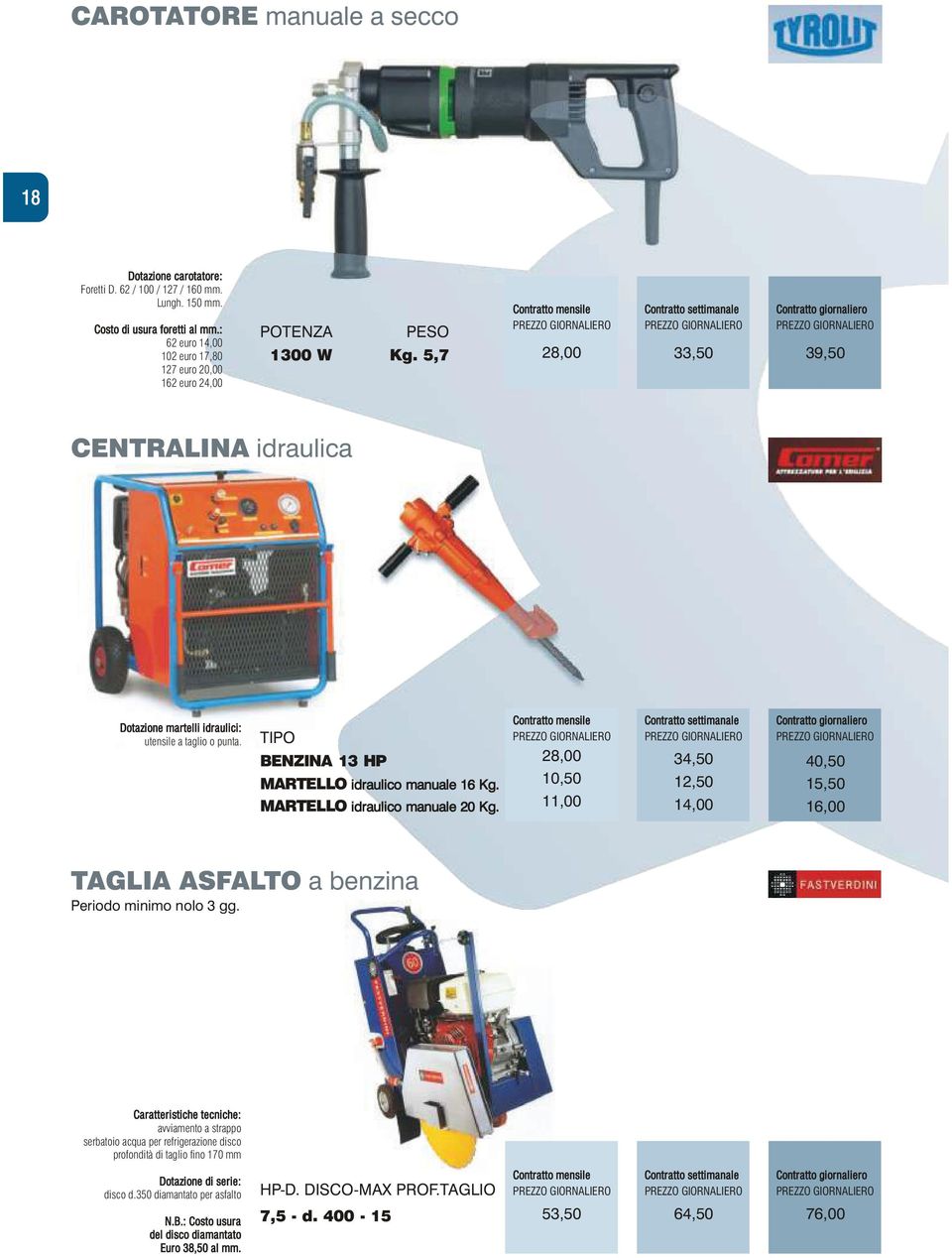 TIPO BENZINA 13 HP MARTELLO idraulico manuale 16 Kg. MARTELLO idraulico manuale 20 Kg. 28,00 10,50 11,00 34,50 12,50 14,00 40,50 15,50 16,00 TAGLIA ASFALTO a benzina Periodo minimo nolo 3 gg.