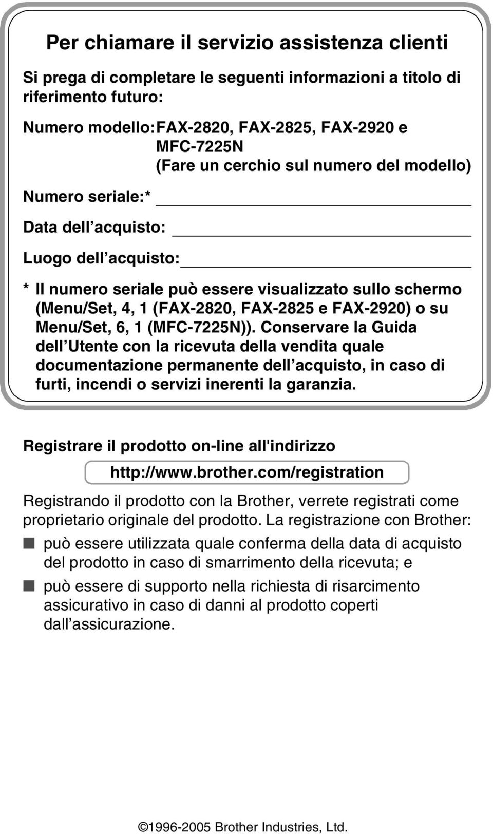 Menu/Set, 6, 1 (MFC-7225N)). Conservare la Guida dell Utente con la ricevuta della vendita quale documentazione permanente dell acquisto, in caso di furti, incendi o servizi inerenti la garanzia.