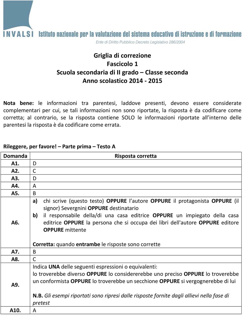 parentesi la risposta è da codificare come errata. Rileggere, per favore! Parte prima Testo A A1. D A2. C A3. D A4. A A5.