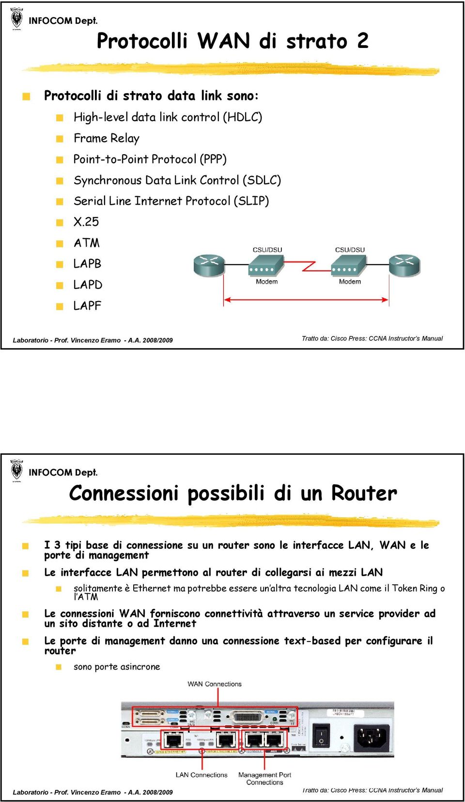 25 ATM LAPB LAPD LAPF Connessioni possibili di un Router I 3 tipi base di connessione su un router sono le interfacce LAN, WAN e le porte di management Le interfacce LAN permettono al