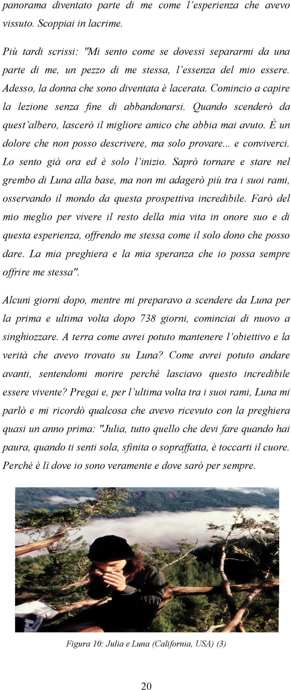 Comincio a capire la lezione senza fine di abbandonarsi. Quando scenderò da quest albero, lascerò il migliore amico che abbia mai avuto. È un dolore che non posso descrivere, ma solo provare.