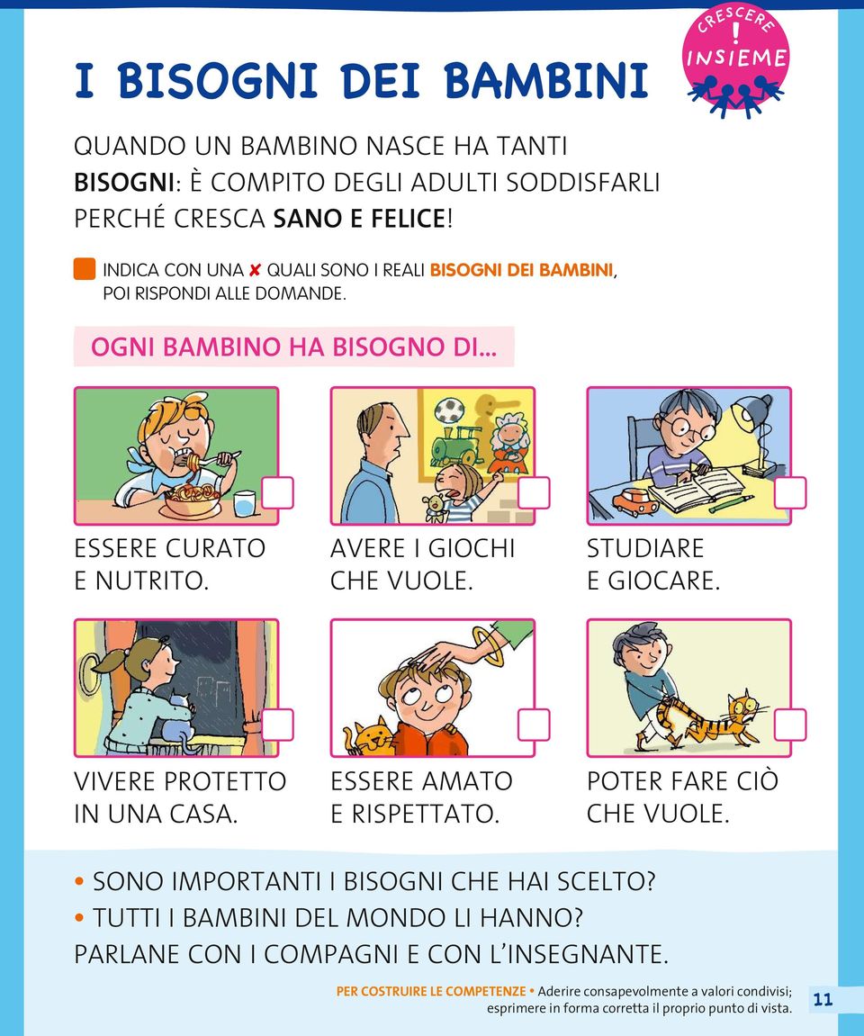 STUDIARE E GIOCARE. VIVERE PROTETTO IN UNA CASA. ESSERE AMATO E RISPETTATO. POTER FARE CIÒ CHE VUOLE. SONO IMPORTANTI I BISOGNI CHE HAI SCELTO?